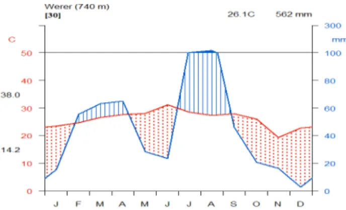 Figure 1.  Mean monthly rain fall and maximum and minimum  temperature for the last thirty years