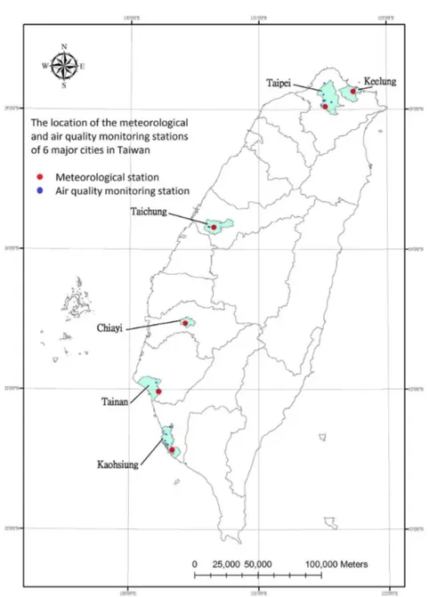Figure 1. The locations of meteorological and air pollution monitoring stations in 6 major cities in Taiwan.