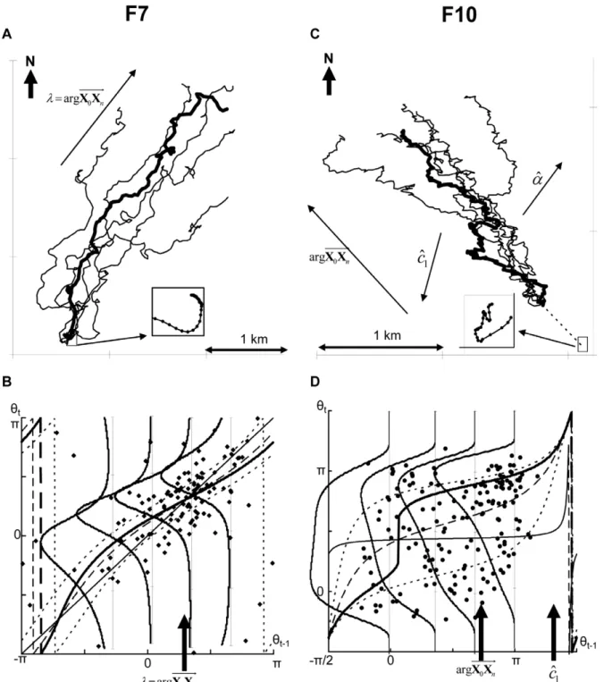 Figure 7. Example 3: searching flights. (A, C) Observed GPS trajectory of F7 (A) and F10 (C)