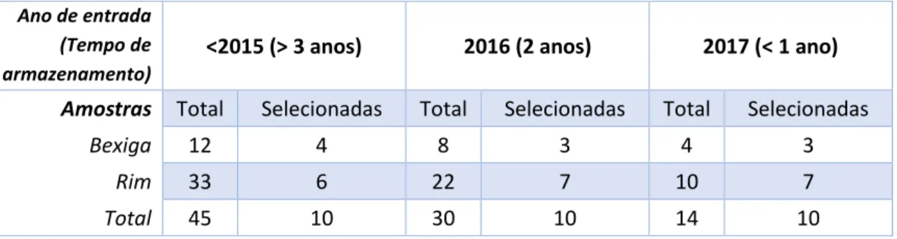 Tabela 2 - Distribuição das amostras selecionadas por data de entrada/tempo de armazenamento no Biobanco  Ano de entrada 