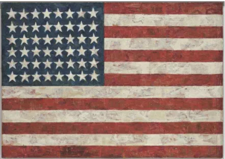 Figure 1 Jasper Johns, Flag, 1954-55. Encaustic, oil, and collage on fabric mounted on plywood, three panels, 107.3 x  153.8 cm