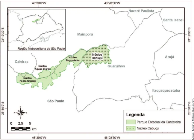 Figura 1. Mapa de localização da área de estudo, Parque Estadual da Cantareira, Núcleo Cabuçu, Guarulhos, SP, Brasil