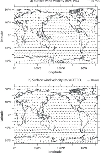 Fig. 2. Surface wind field (m/s) in (a) PRO and (b) RETRO. The reversal of the surface wind direction in RETRO due to a reversal of the Coriolis parameter can be clearly seen