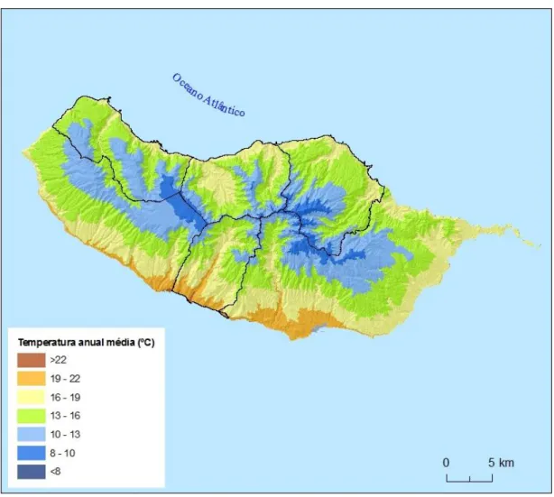 Figura 7 - Distribuição espacial da Temperatura Média Anual (1961-1990) da Ilha da Madeira