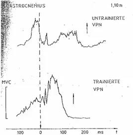 Figura 7 –  Electromiogramas médios (n=30) dos músculos gastrocnemius na execução de saltos  em profundidade de uma altura de 1,10 m de um sujeito não treinado, em cima, e um sujeito treinado, em  baixo (Schmidtbleicher e Gollhoffer, 1982)