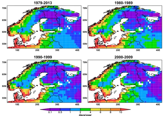 Figure 3. Potential forest damage days per year (days when the threshold levels are met or exceeded) in ERA-Interim during 1979–2013 (upper left panel) and decadal averages