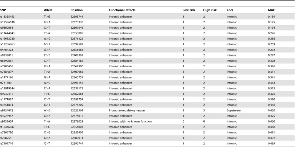 Table 1. Basic information of the 24 candidate FTO single nucleotide polymorphisms (SNPs).