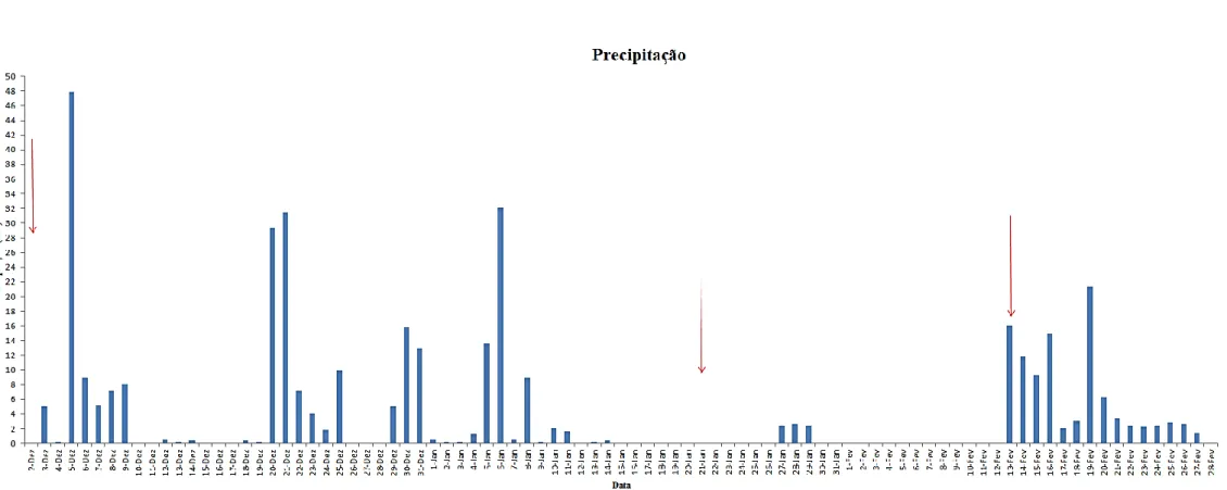 Figura  3  -  Representação  gráfica  da  precipitação  ao  longo  dos  meses  de  Dezembro  a  Fevereiro  (os  dados  de  Outubro  a  Novembro  relativos  à  precipitação  não  se  encontram  disponíveis)