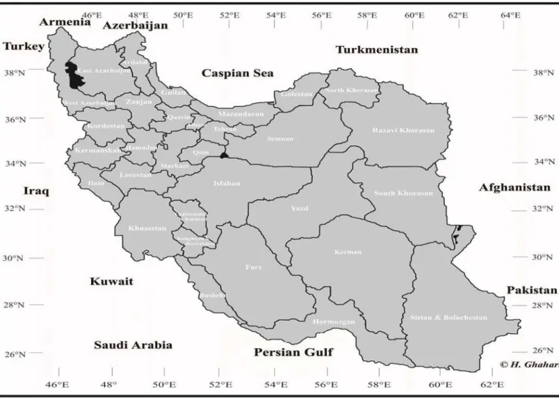 Fig 1: Map of Iran with boundaries of Provinces. 