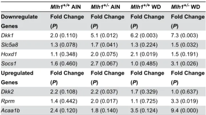 Table 4. Genes showing statistically significant (P < 0.05) mRNA  expression  differences  between  tp0  and  tp1  in  at least  one  of  the  study  groups  but  not  in  the  control  group (Mlh1 +/+  AIN)