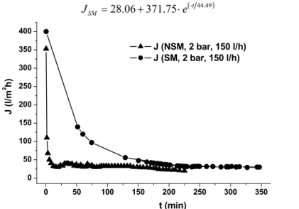 Figure 5. Time dependence of the steepwater permeate flux with (SM) and without  (NSM) the use of the static mixer under the same operating conditions 