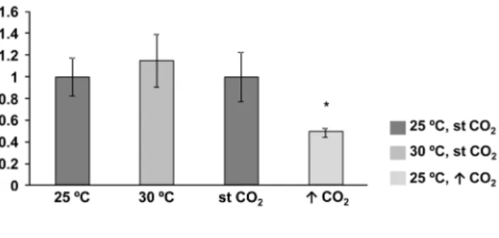 Fig 4. Quantification of total protein content in systemic leaf disks of Nicotiana benthamiana plants kept at either 25°C or at 30°C, or in plants kept at standard (st) or elevated "CO 2 levels [401 and 970 parts per million (ppm), respectively]