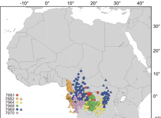 Figure 2. Winter locations for swifts. Symbols represent daily positions of 6 individual swifts during the winter period, with colours showing individual locations