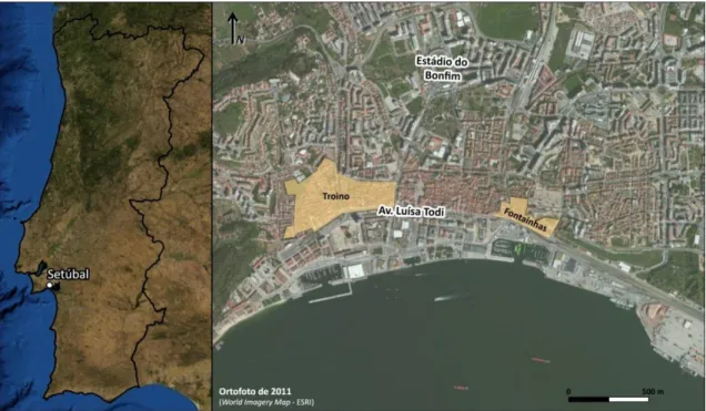 Figura 2.1 – Localização dos bairros de Setúbal mais destruídos pelo tsunami de 1755.  