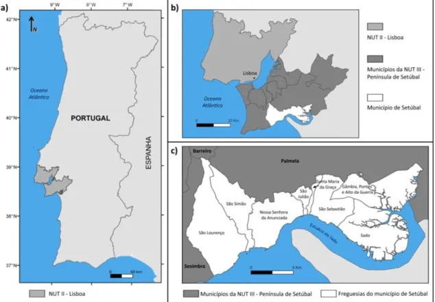 Figura 2.2 – Enquadramento geográfico de Setúbal. a) NUT II – Lisboa; b) NUT III – Península  de Setúbal; c) Freguesias do município de Setúbal