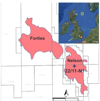 Fig. 1. Location map of 22/11-N1, Nelson Field, central North Sea (CNS). Colored polygons representing oil and gas fields
