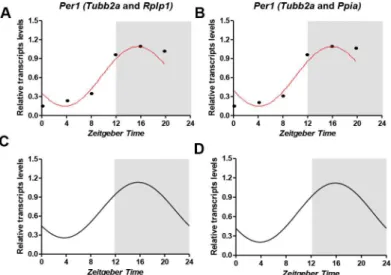 Fig 2. Temporal profile of Per1 transcripts in the hippocampus based in two different normalization strategies