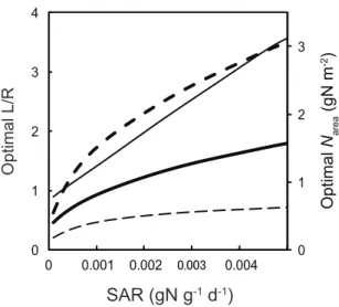 Figure 5. Optimal leaf-to-root ratio (L/R) and optimal leaf nitrogen content ( N area )