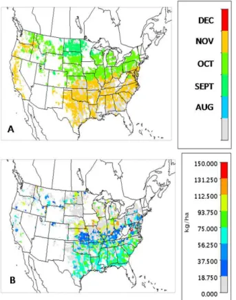 Fig. 3. EPIC simulated winter wheat (A) date of first fertilizer application and (B) rate applied on that date across the Continental US.