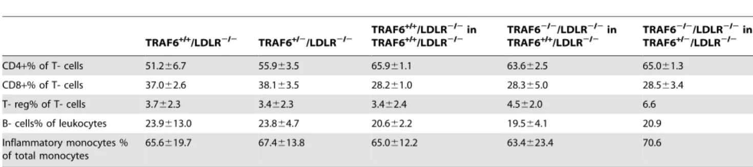 Figure 4. TRAF6 deficiency does not modulate atherogenesis in mice. Lethally irradiated 6 week old TRAF6 +/+ /LDLR 2/2 mice received TRAF6-deficient (hatched bars, N = 21) or competent fetal liver cells (white bars, N = 21), TRAF6 +/2 /LDLR 2/2 mice receiv