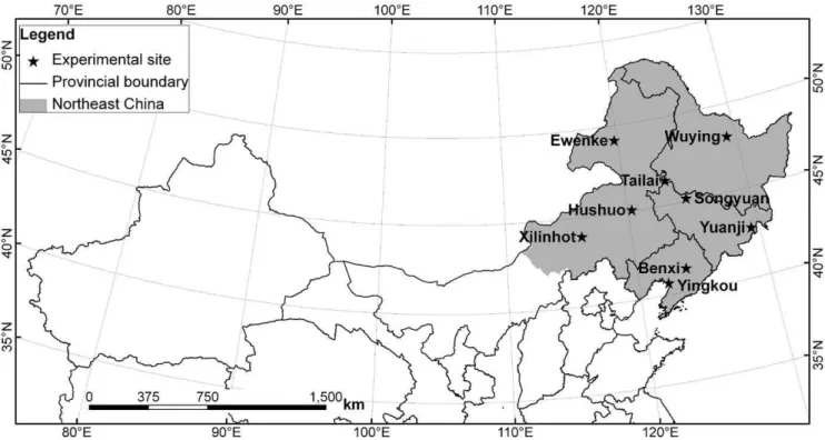 Figure 1. Locations of the study area and nine Agricultural Meteorological Experiment Stations in Northeast China.