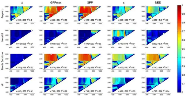Figure 3. Correlograms of R 2 values for α, GPP max , midday averaged GPP, ε and NEE, on the one hand, and NSD-type indices for Amplero, Neustift, Monte Bondone (both study years pooled) and all sites pooled on the other