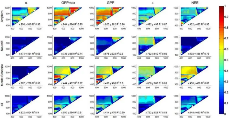 Figure 5. Correlograms of R 2 values for α, GPP max , midday averaged GPP, ε and NEE, on the one hand, and SD-type indices for Amplero, Neustift, Monte Bondone (both study years pooled) and all sites pooled on the other