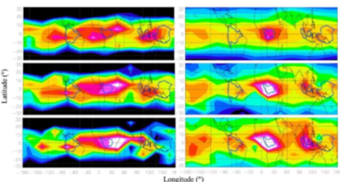 Fig. 16. 2002–2004 average CH 4 HALOE (left) and N 2 O ODIN- ODIN-SMR (right) zonal variation of concentration in the TTL in  Mar-Apr-May