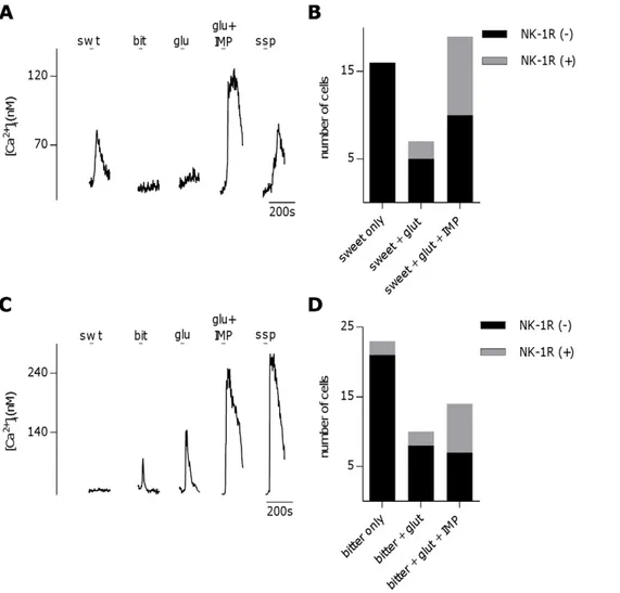 Figure 6. A subset of sweet and bitter Type II (Receptor) cells respond to umami stimuli and express neurokinin 1 receptors