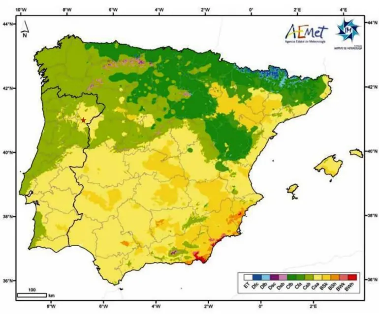 Fig. 4.2.1. Köppen-Geiger climate type map of the Iberian Peninsula.  The location of the study area is signalled with a brown  star