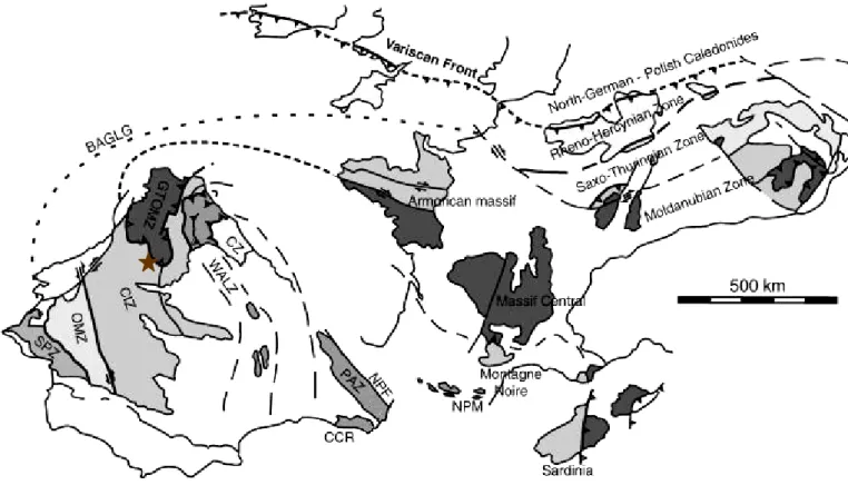 Fig. 4.4.1. Variscan massifs in southwestern and central Europe with the location of the study area (brown star)