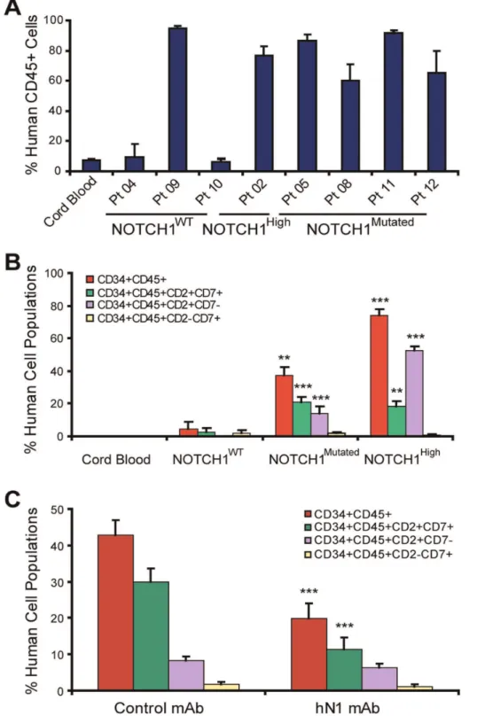 Figure 5. An expanded CD45 + CD34 + CD2 + CD7 + population in NOTCH1 Mutated T-ALL LIC is sensitive to hN1 mAb treatment