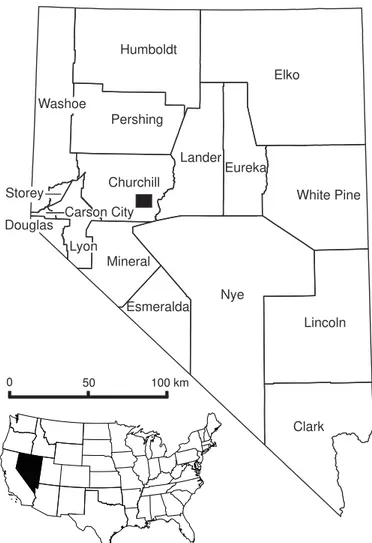 Fig. 1. Map of the United States with the state of Nevada indicated in  black, and enlarged map of Nevada, with Eastgate study area indicated as  black rectangle.