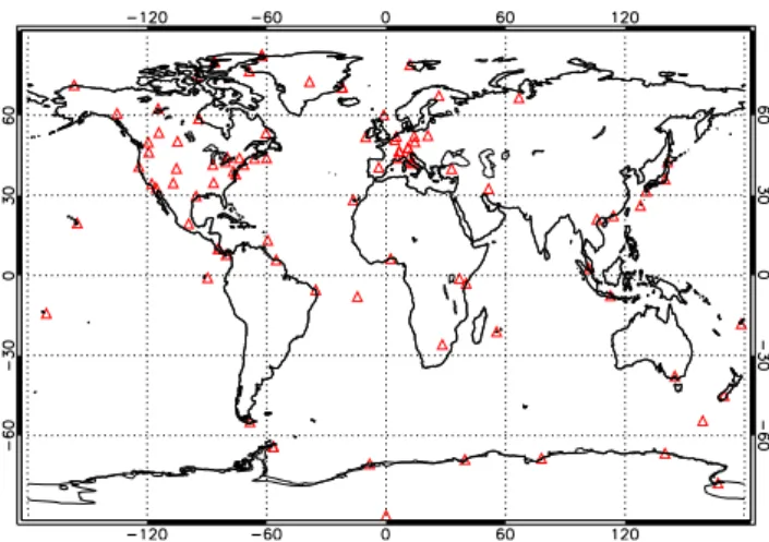 Fig. 1. Spatial distribution of the ozonesonde stations used to con- con-struct the dataset to train and test the NN.