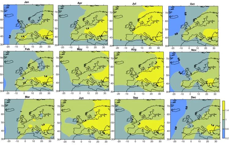 Fig. 4. Monthly spatial distribution of Angstrom parameter according to AERONET/PHOTONS dataset over Europe.