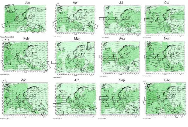 Fig. 6. Monthly spatial distribution of climate meteorological parameters (wind characteristics and precipitation) according to NCEP CPC CAMS OPI data from the IRI/LDEO Climate Data Library, 1961–1990.