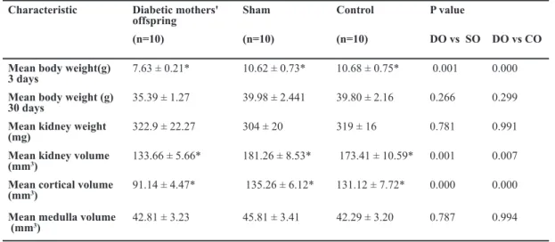 Table 1:  Comparison of the mean body weight, mean kidney weight and volume, and mean cortex and medula volumes P valueControlShamDiabetic mothers'  offspringCharacteristic DO vs CODO vs  SO(n=10)(n=10)(n=10) 0.000   0.001  10.68 ± 0.75* 10.62 ± 0.73*  7.6