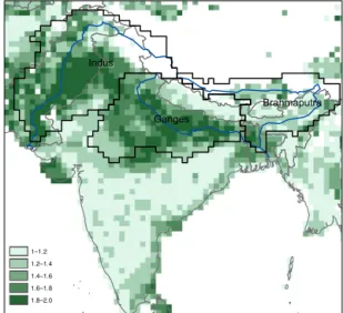 Figure 1. Cropping intensity in South Asia (land use data sets de- de-rived for this study based on MIRCA2000