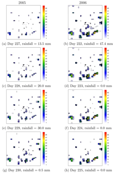Fig 2. An example of daily HYDREMATS simulated water depth evolution of individual ponds over the study domain for four consecutive days in each year