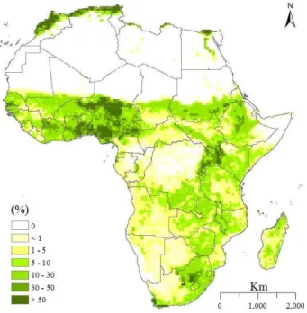 Figure 1. Proportion of cropland per cell (0.5 ◦ × 0.5 ◦ ) in 2000 (Ramankutty et al., 2008).