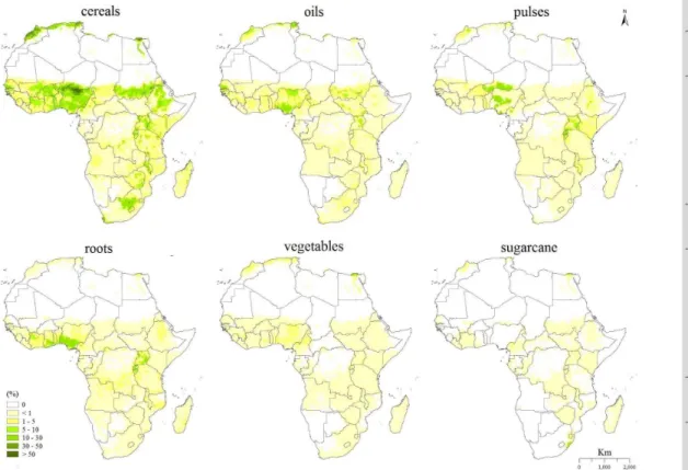 Figure 2. Proportion of crop group area per cell (0.5 ◦ × 0.5 ◦ ) cultivated in 2000 of the six largest crop groups (adapted from Ramankutty et al., 2008).