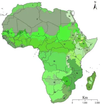Figure 3. Delineation of the 23 irrigation cropping pattern zones in Africa (based on FAO, 1997)