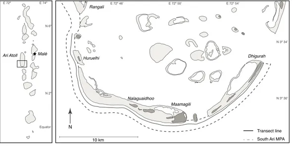 Figure 1 Map of South Ari Atoll showing the South Ari MPA and the survey transect.