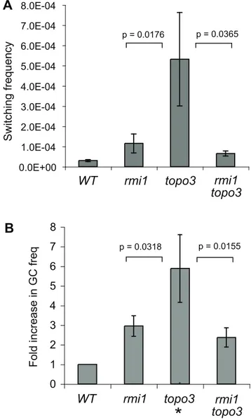 Figure 5. Genetic interaction between T. brucei RMI1 and TOPO3 a . (A) TbRMI1 is epistatic to TbTOPO3 a in VSG switching