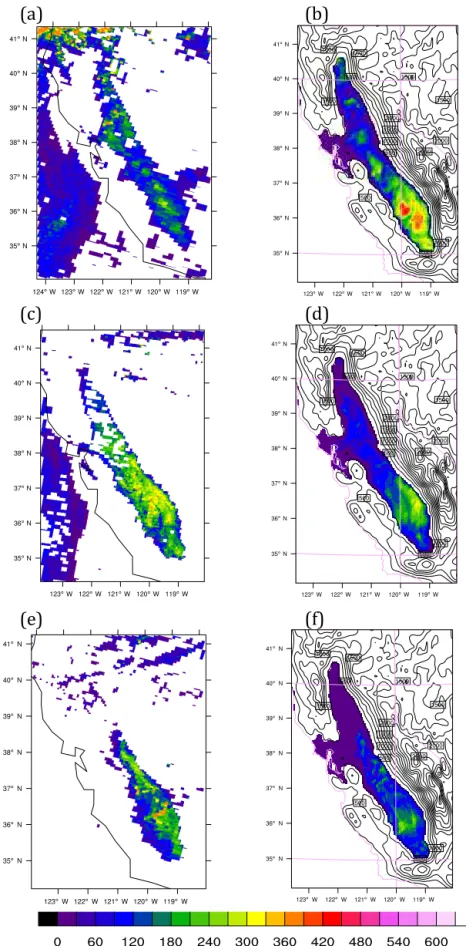 Figure 7. Liquid water path (LWP) (g m −2 ) from MODIS Level 2 cloud products (a, c and e) and from the SOWC model with aerosol feedback on and modified cloud–radiation scheme (S_ARon_CRmod; b, d and f)