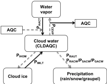 Figure 1. Cloud physics processes that are involved with cloud par- par-ticles in the SOWC model with a 6-D aerosol variable (AQC) and a 6-D cloud variable (CLDAQC) included