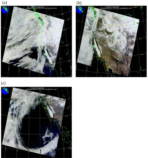 Figure 2. MODIS true color images at (a) 19:30 UTC on 16 January, (b) 18:35 UTC on 17 January and (c) 19:20 UTC on 18 January 2011 from the Terra satellite.