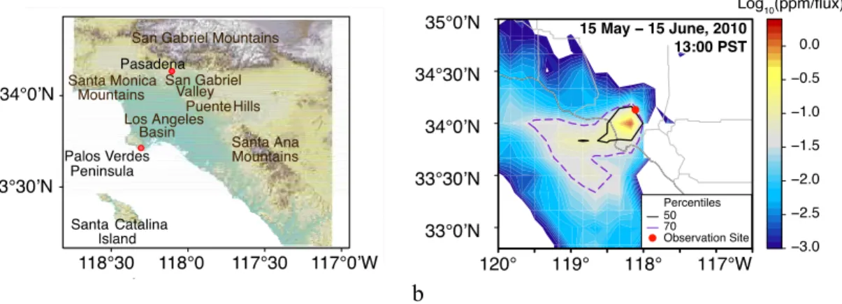 Fig. 1. (a) Location of Pasadena in southern California. The sampling location was 34.14 ◦ N 118.12 ◦ W, 246 m above sea level sampling height, 10 m above ground level