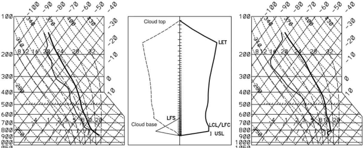 Figure 1. SkewT–logP thermodynamic diagrams for a deep tropical convective episode, before (left panel) and after (right panel) the action of convection as determined by the parametrization scheme: pressure on left axis in hPa, temperature on right and top