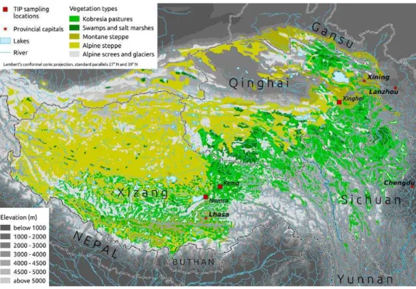 Figure 1. Kobresia pygmaea pastures (in green) dominate the southeastern quarter of the Tibetan highlands, whereas the alpine steppe covers the arid northwestern highlands